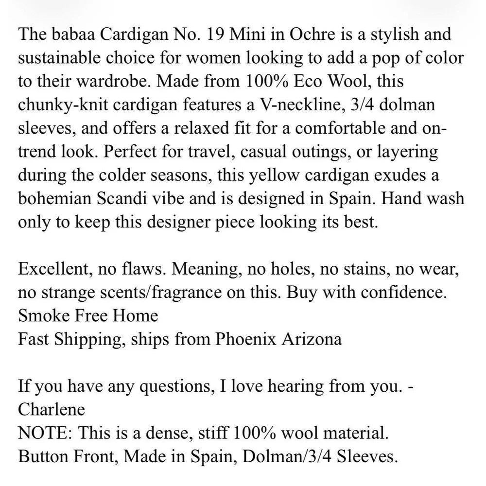 babaa Cardigan No. 19 Mini in the shade Ochre 100% Eco Wool OS One Size Gold Hue